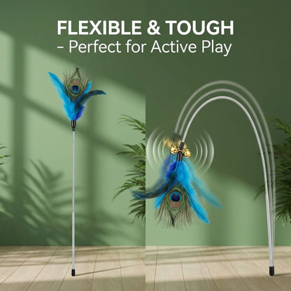 FUREVER365 HM-15 Peacock Feather Cat Teaser - Natural Iridescent Feathers High-Elasticity Steel Wand