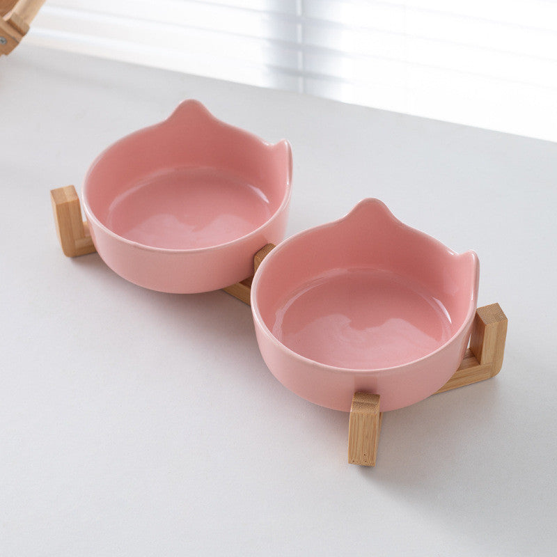Premium Ceramic Cat Bowl with Wood Stand Anti-Black Chin Elevated Pet Dog Food Water Bowl Mangkuk Kucing
