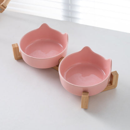 Premium Ceramic Cat Bowl with Wood Stand Anti-Black Chin Elevated Pet Dog Food Water Bowl Mangkuk Kucing