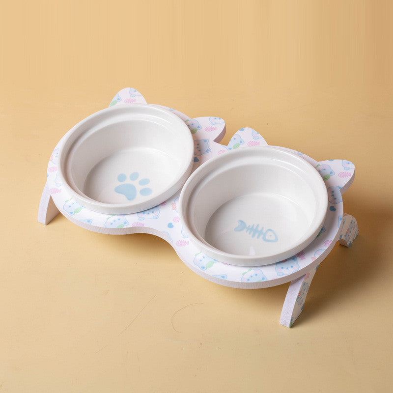 Elevated Ceramic Cat Bowl Tilted Neck Protection Double Bowl Anti-Black Chin Dog Food Water Feeder