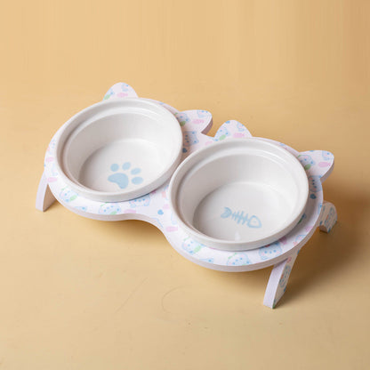 Elevated Ceramic Cat Bowl Tilted Neck Protection Double Bowl Anti-Black Chin Dog Food Water Feeder
