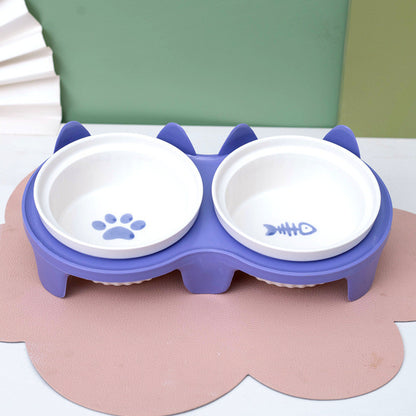 Ceramic Cat Bowl Elevated Tilted Neck Protection Pet Food Water Feeder Anti-Black Chin Mangkuk Kucing