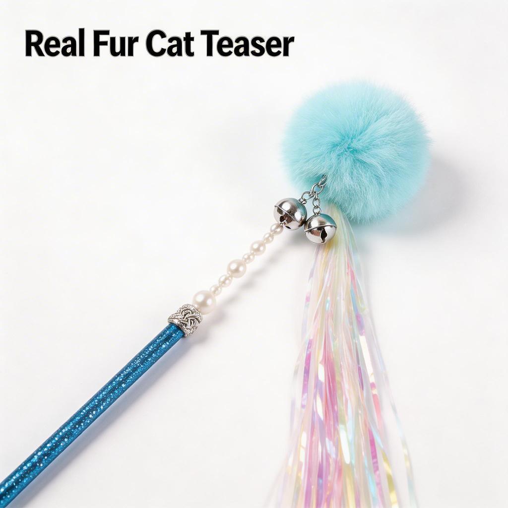 FUREVER365 TM-08 Rabbit Fur Ball & Tassel Cat Teaser - Durable PVC Wand Bouncing Elastic Toy