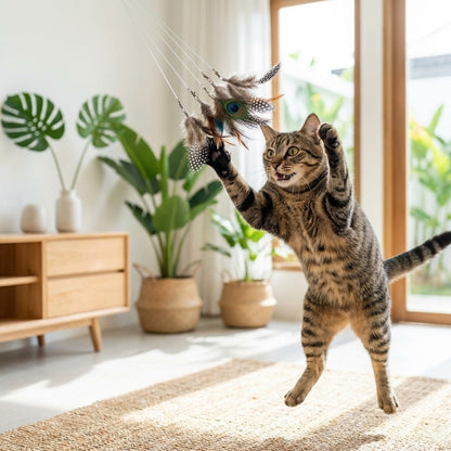 FUREVER365 YM-31 Creative Handle Cat Teaser - Ergonomic Grip High-Elasticity Steel Wire Feather Toy
