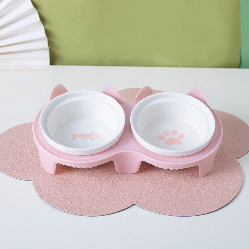 Ceramic Cat Bowl Elevated Tilted Neck Protection Pet Food Water Feeder Anti-Black Chin Mangkuk Kucing