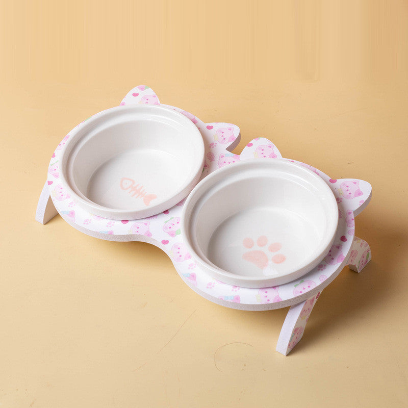 Elevated Ceramic Cat Bowl Tilted Neck Protection Double Bowl Anti-Black Chin Dog Food Water Feeder