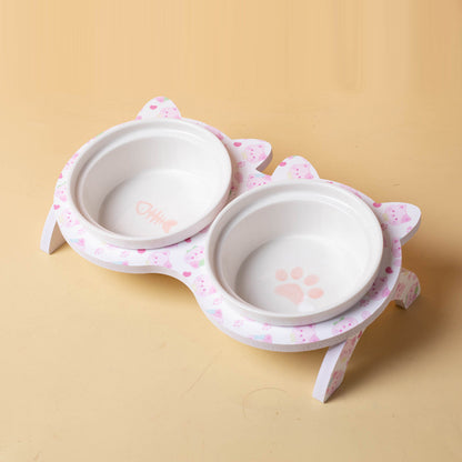 Elevated Ceramic Cat Bowl Tilted Neck Protection Double Bowl Anti-Black Chin Dog Food Water Feeder