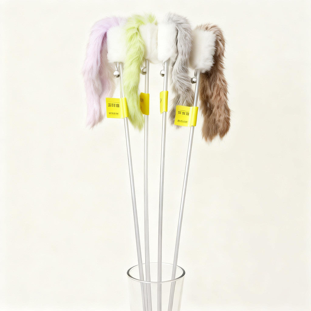 FUREVER365 HM-63 3pcs Cat Teaser Set - Real Mink Fur Ball Rainbow Plush Tail & Rabbit Ear Steel Wire Wands