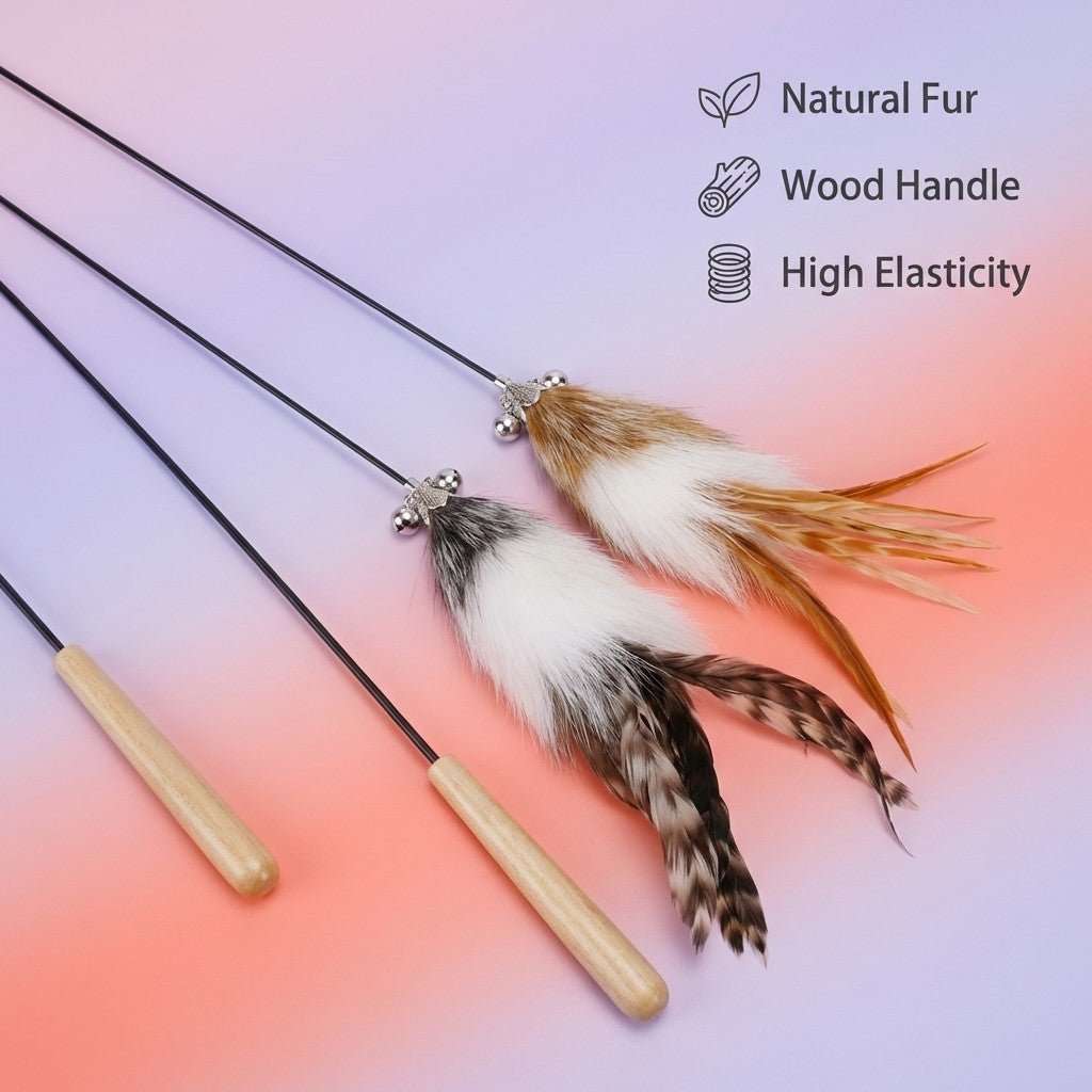 FUREVER365 HM-14 Fox Fur Cat Teaser - Real Fur Tail Solid Wood Handle High-Elasticity Steel Wire Toy