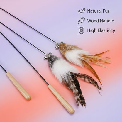 FUREVER365 HM-14 Fox Fur Cat Teaser - Real Fur Tail Solid Wood Handle High-Elasticity Steel Wire Toy