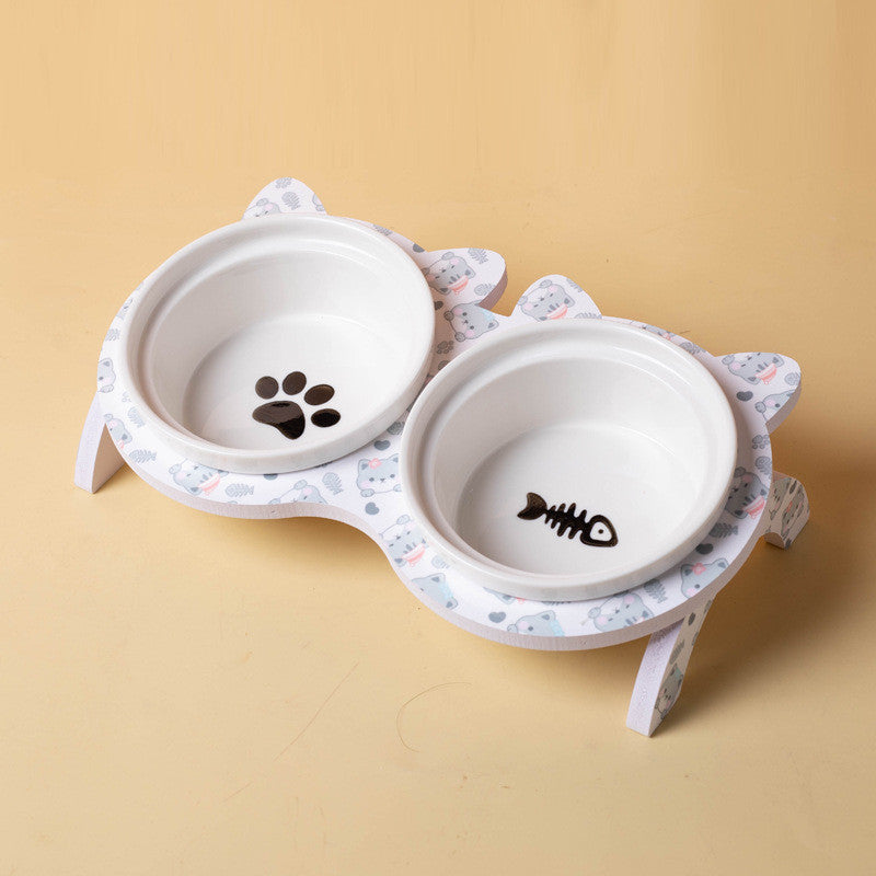 Elevated Ceramic Cat Bowl Tilted Neck Protection Double Bowl Anti-Black Chin Dog Food Water Feeder