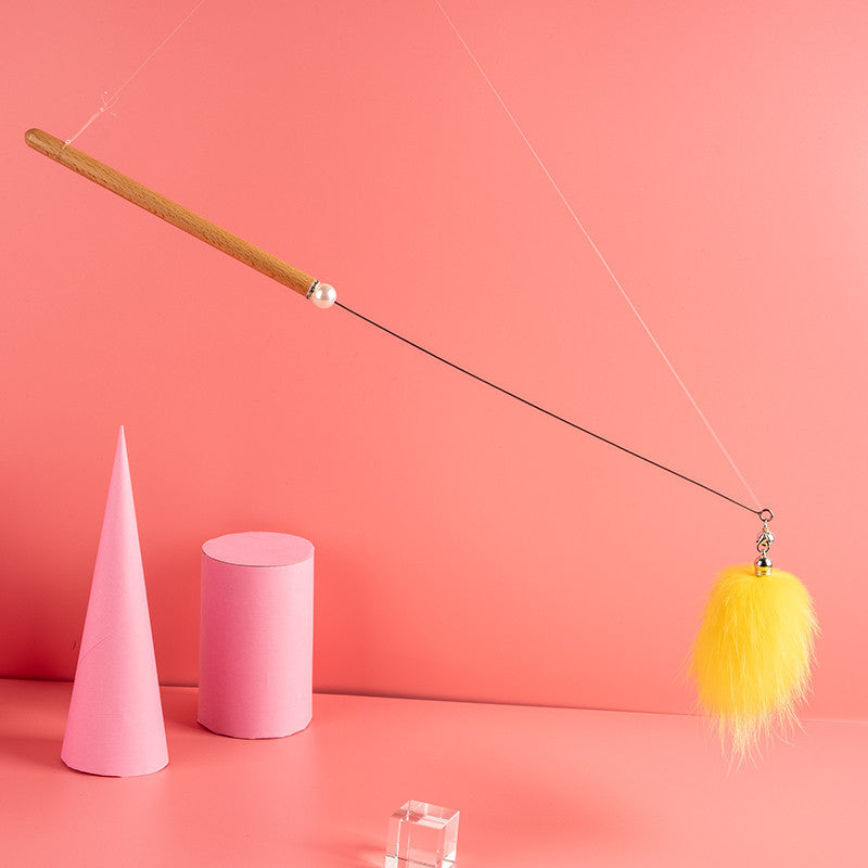 FUREVER365 HM-05 Macaron Fox Fur Ball Cat Teaser - Solid Wood Wand Elastic Rope Interactive Toy