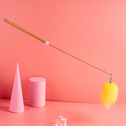 FUREVER365 HM-05 Macaron Fox Fur Ball Cat Teaser - Solid Wood Wand Elastic Rope Interactive Toy