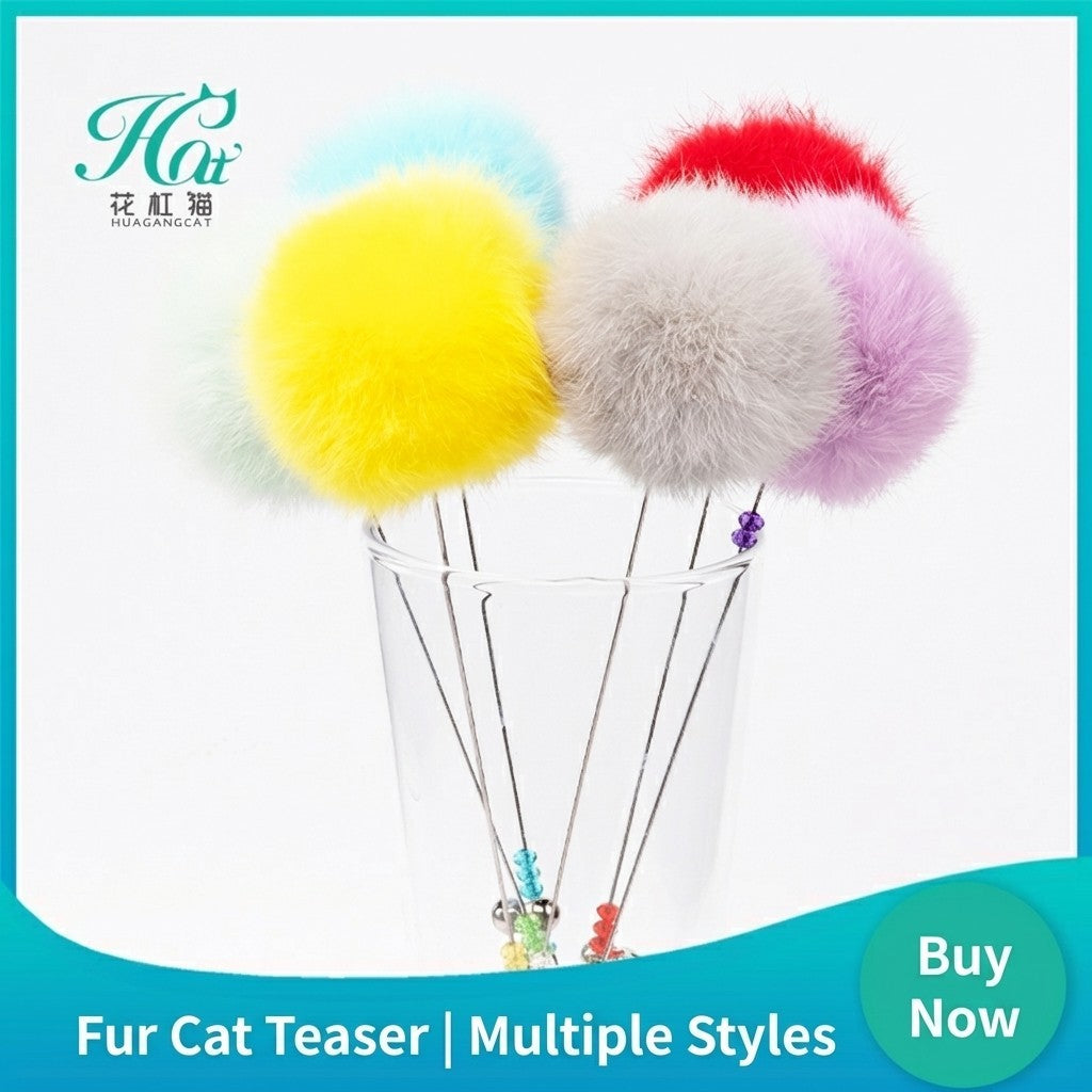 FUREVER365 TM-22 Rabbit Fur Ball Cat Teaser - Agile Short Wand High-Elasticity Steel Wire Toy