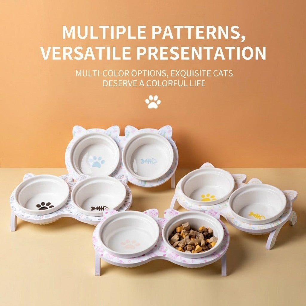 Elevated Ceramic Cat Bowl Tilted Neck Protection Double Bowl Anti-Black Chin Dog Food Water Feeder
