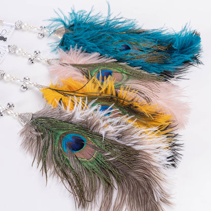 FUREVER365 HM-15 Peacock Feather Cat Teaser - Natural Iridescent Feathers High-Elasticity Steel Wand