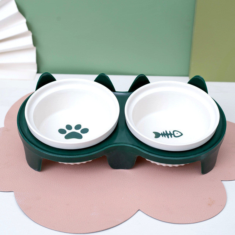 Ceramic Cat Bowl Elevated Tilted Neck Protection Pet Food Water Feeder Anti-Black Chin Mangkuk Kucing