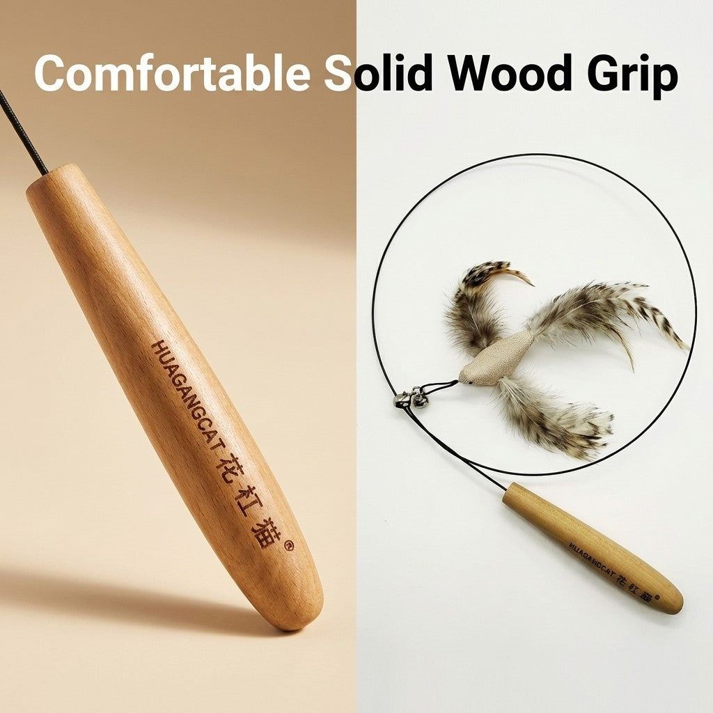 FUREVER365 HM-40 Natural Sisal Feather Cat Teaser - High-Elasticity Steel Wire & Solid Wood Grip Toy