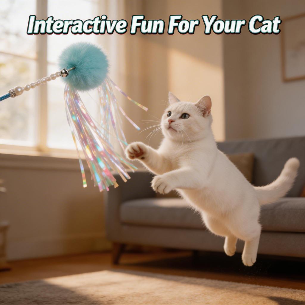 FUREVER365 TM-08 Rabbit Fur Ball & Tassel Cat Teaser - Durable PVC Wand Bouncing Elastic Toy