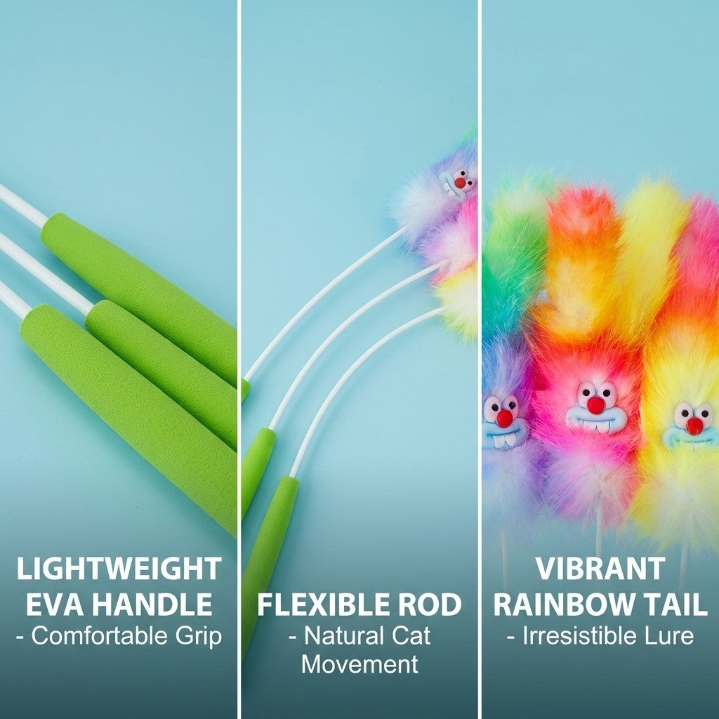 FUREVER365 100cm Rainbow Cat Teaser Wand - Extra Long Flexible Rod with Soft Squeaky Rainbow Tail