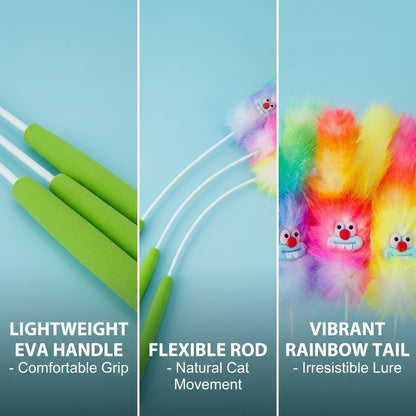 FUREVER365 100cm Rainbow Cat Teaser Wand - Extra Long Flexible Rod with Soft Squeaky Rainbow Tail