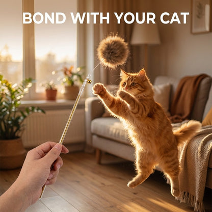 FUREVER365 HM-07 Premium Fox Fur Cat Teaser - Durable PVC Handle Long Steel Wire Bouncing Toy