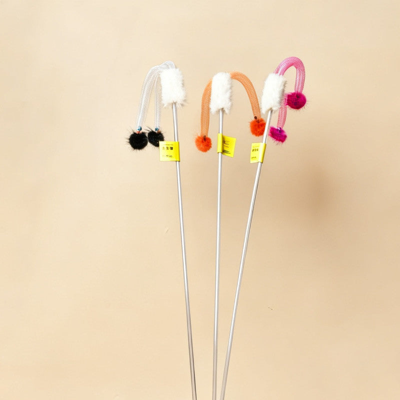 FUREVER365 HM-63 3pcs Cat Teaser Set - Real Mink Fur Ball Rainbow Plush Tail & Rabbit Ear Steel Wire Wands