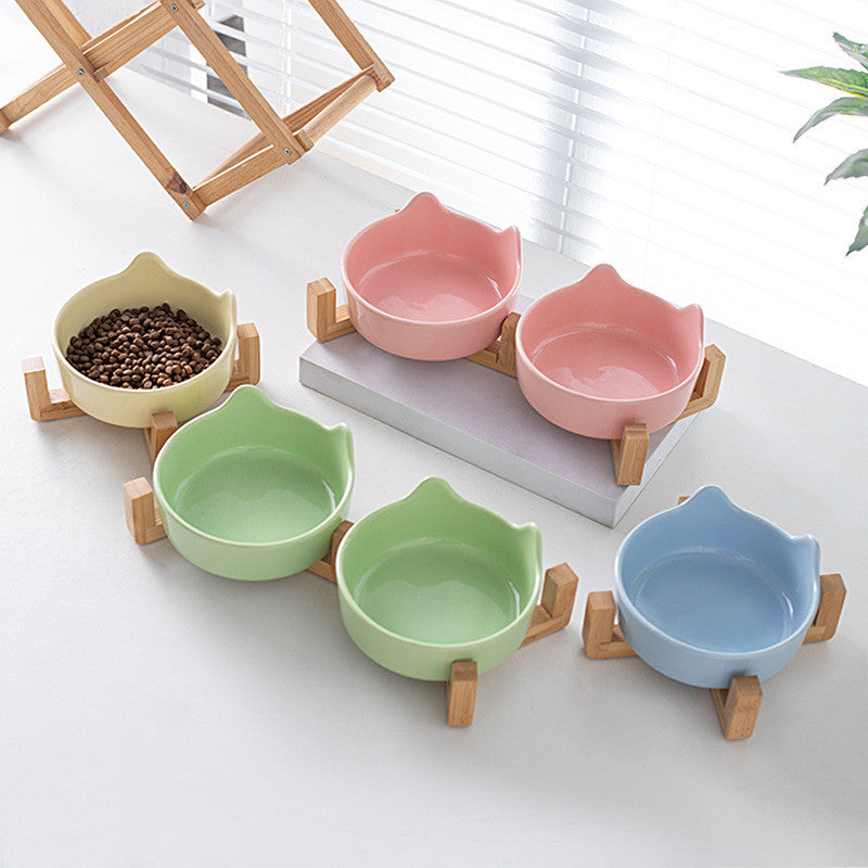 Premium Ceramic Cat Bowl with Wood Stand Anti-Black Chin Elevated Pet Dog Food Water Bowl Mangkuk Kucing