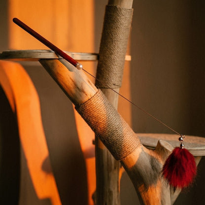 FUREVER365 HM-05 Macaron Fox Fur Ball Cat Teaser - Solid Wood Wand Elastic Rope Interactive Toy