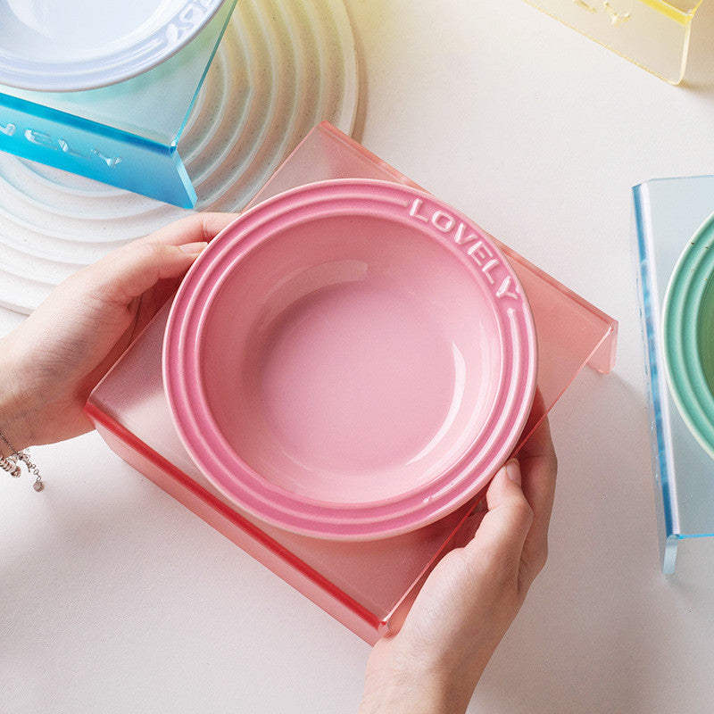 French Style Gradient Ceramic Cat Bowl Aesthetic Acrylic Elevated Stand Anti-Black Chin UFO Pet Plate