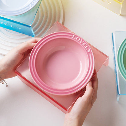 French Style Gradient Ceramic Cat Bowl Aesthetic Acrylic Elevated Stand Anti-Black Chin UFO Pet Plate