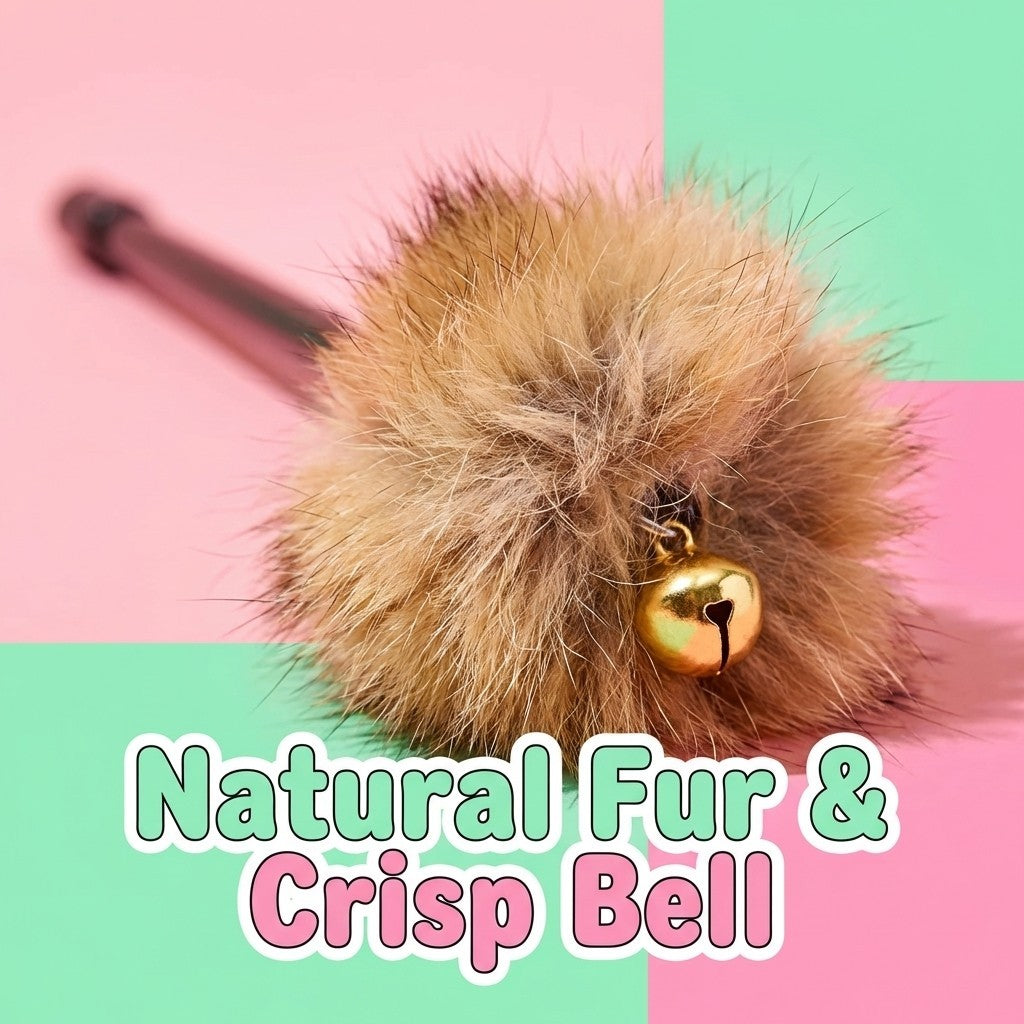 FUREVER365 HM-06 Premium Fox Fur Cat Teaser - Extra Fluffy Solid Wood Wand Bouncing Toy