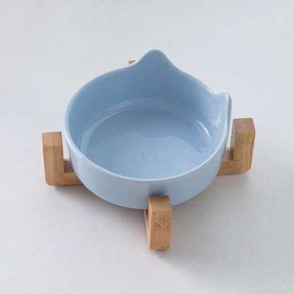 Premium Ceramic Cat Bowl with Wood Stand Anti-Black Chin Elevated Pet Dog Food Water Bowl Mangkuk Kucing