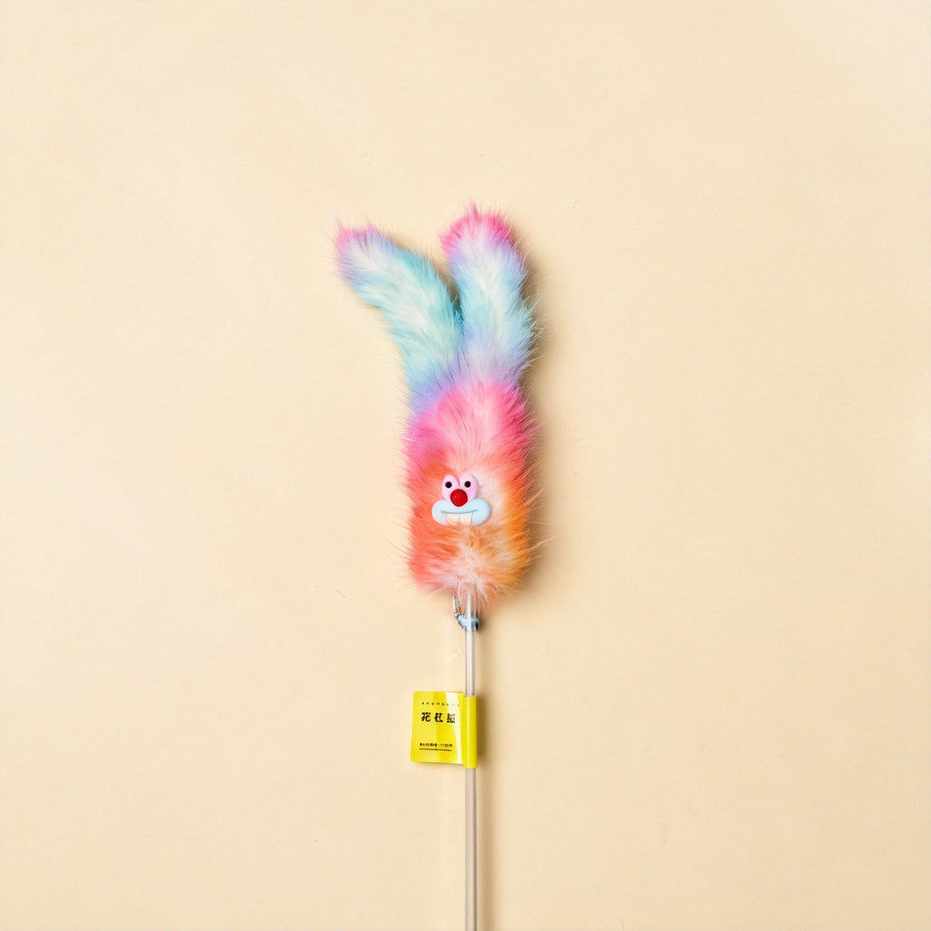 FUREVER365 HM-63 3pcs Cat Teaser Set - Real Mink Fur Ball Rainbow Plush Tail & Rabbit Ear Steel Wire Wands