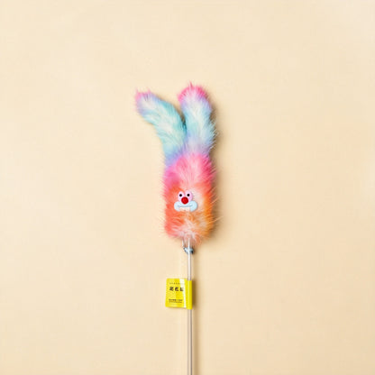 FUREVER365 HM-63 3pcs Cat Teaser Set - Real Mink Fur Ball Rainbow Plush Tail & Rabbit Ear Steel Wire Wands