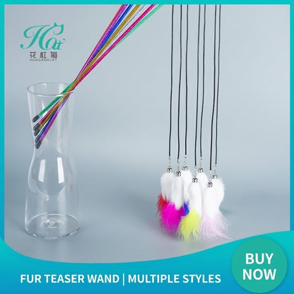 FUREVER365 TM-09 Rabbit Fur Wheat Ear Cat Teaser - Elastic Bouncing Rope Short Wand Interactive Toy