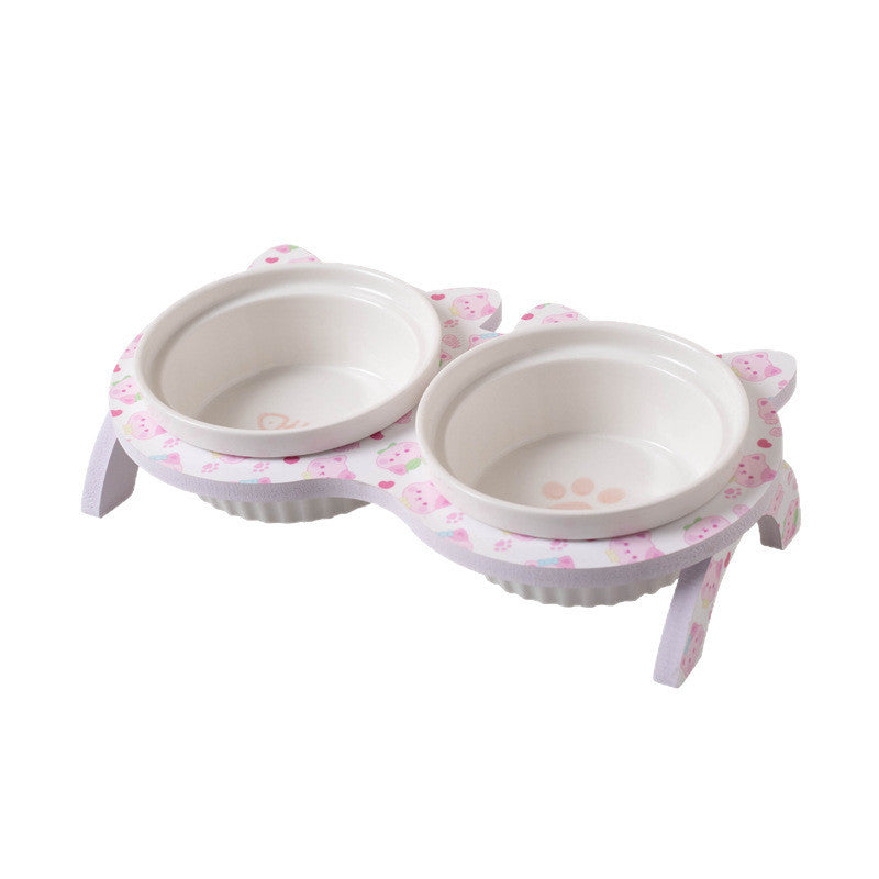 Elevated Ceramic Cat Bowl Tilted Neck Protection Double Bowl Anti-Black Chin Dog Food Water Feeder