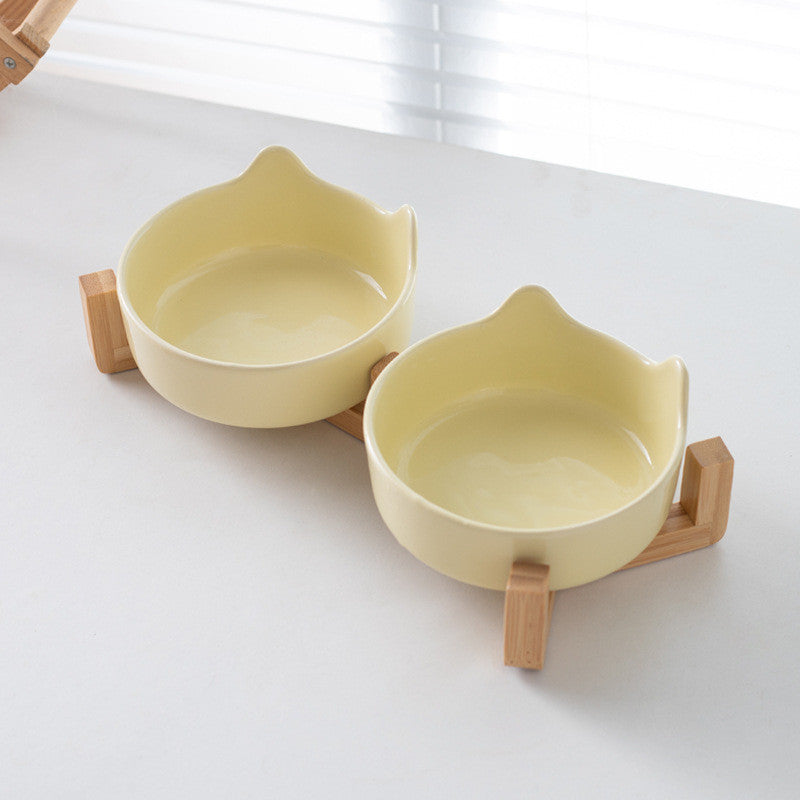 Premium Ceramic Cat Bowl with Wood Stand Anti-Black Chin Elevated Pet Dog Food Water Bowl Mangkuk Kucing