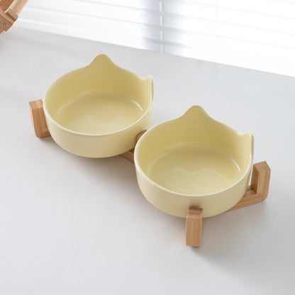 Premium Ceramic Cat Bowl with Wood Stand Anti-Black Chin Elevated Pet Dog Food Water Bowl Mangkuk Kucing