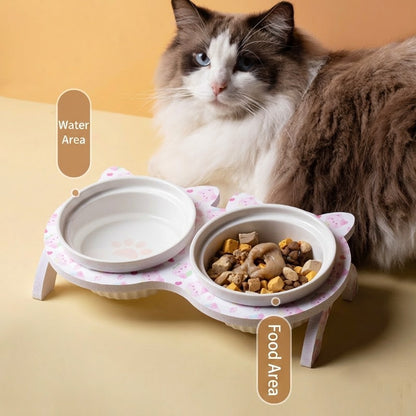 Elevated Ceramic Cat Bowl Tilted Neck Protection Double Bowl Anti-Black Chin Dog Food Water Feeder