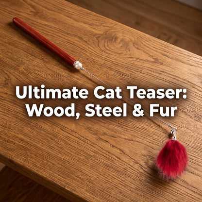 FUREVER365 HM-05 Macaron Fox Fur Ball Cat Teaser - Solid Wood Wand Elastic Rope Interactive Toy
