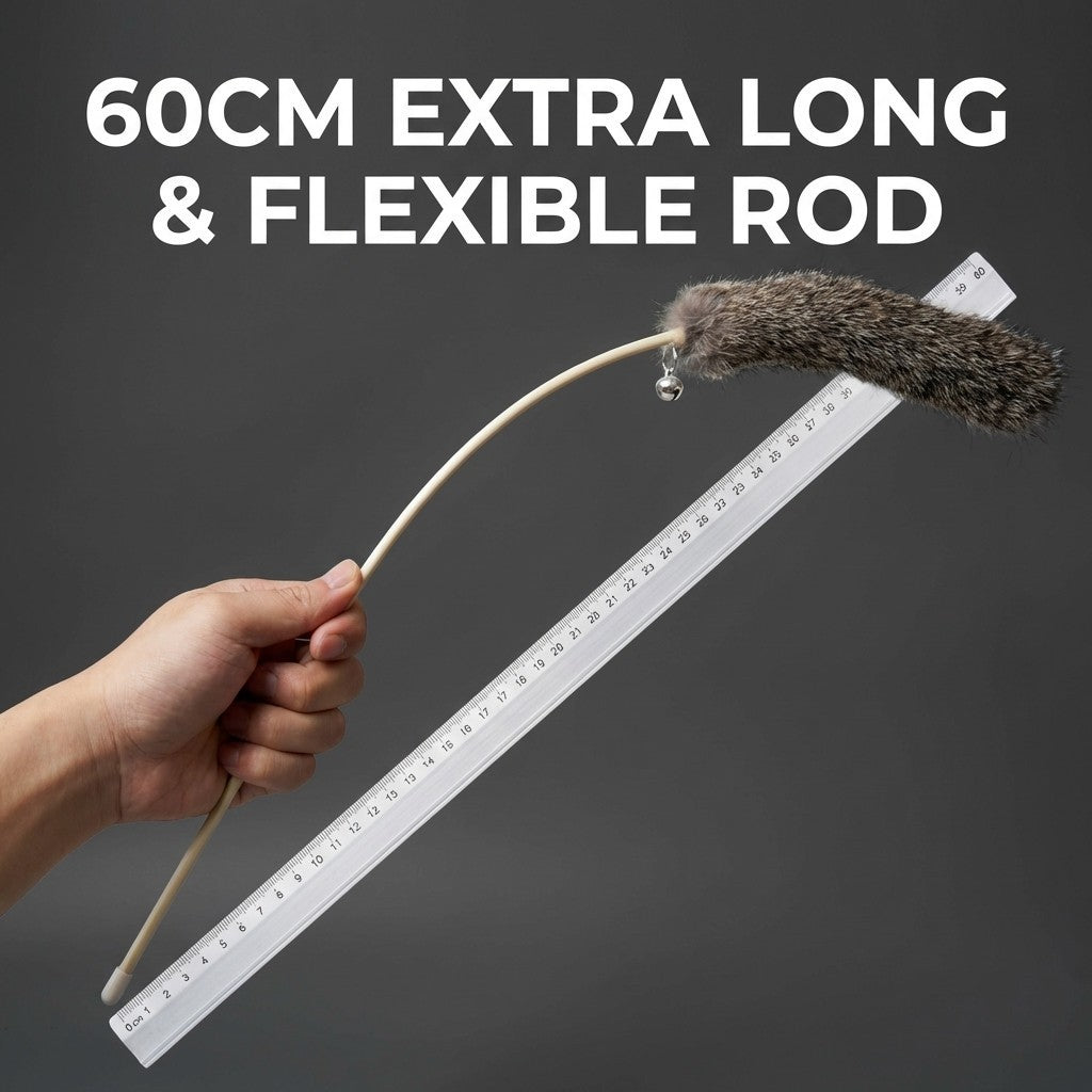 FUREVER365 TM-53 Real Rabbit Fur Cat Wand Teaser Toy Wheat Ear with Bell 60cm Mainan Kucing