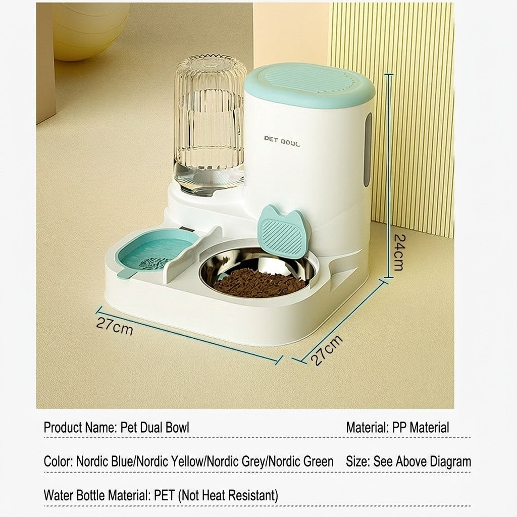 2-in-1 Automatic Pet Feeder Water Dispenser Set Integrated Cat Dog Food Bowl Gravity Waterer Bekas Makan
