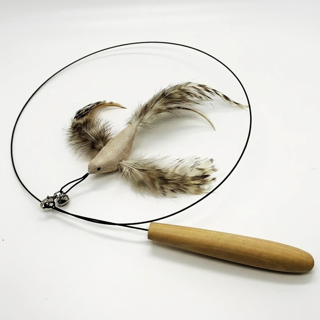 FUREVER365 HM-40 Natural Sisal Feather Cat Teaser - High-Elasticity Steel Wire & Solid Wood Grip Toy
