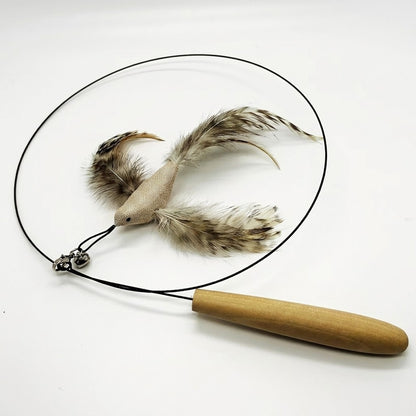 FUREVER365 HM-40 Natural Sisal Feather Cat Teaser - High-Elasticity Steel Wire & Solid Wood Grip Toy