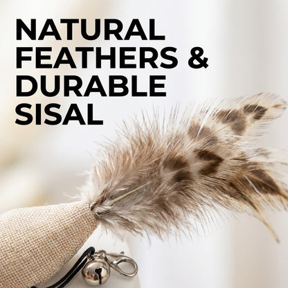 FUREVER365 HM-40 Natural Sisal Feather Cat Teaser - High-Elasticity Steel Wire & Solid Wood Grip Toy