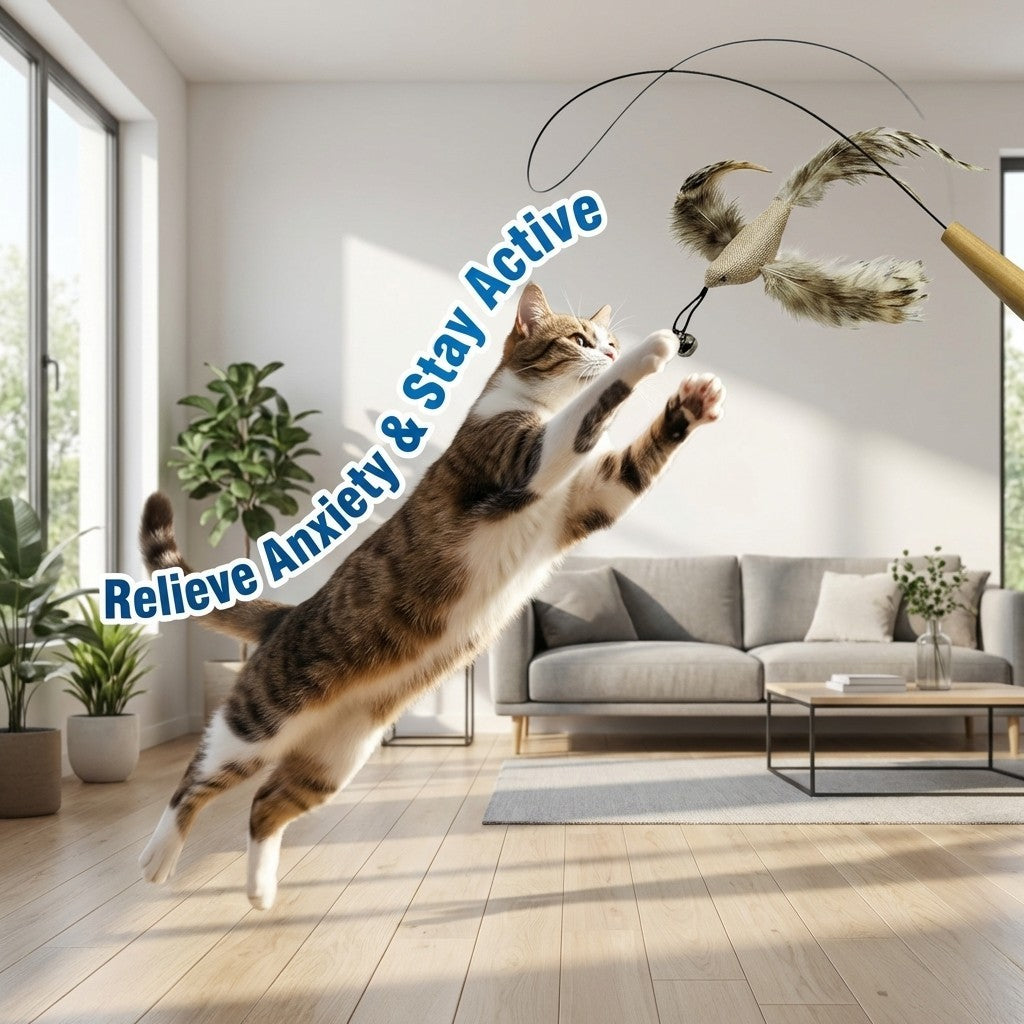 FUREVER365 HM-40 Natural Sisal Feather Cat Teaser - High-Elasticity Steel Wire & Solid Wood Grip Toy