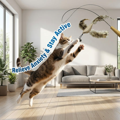 FUREVER365 HM-40 Natural Sisal Feather Cat Teaser - High-Elasticity Steel Wire & Solid Wood Grip Toy