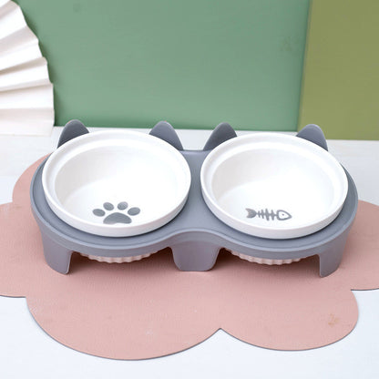 Ceramic Cat Bowl Elevated Tilted Neck Protection Pet Food Water Feeder Anti-Black Chin Mangkuk Kucing