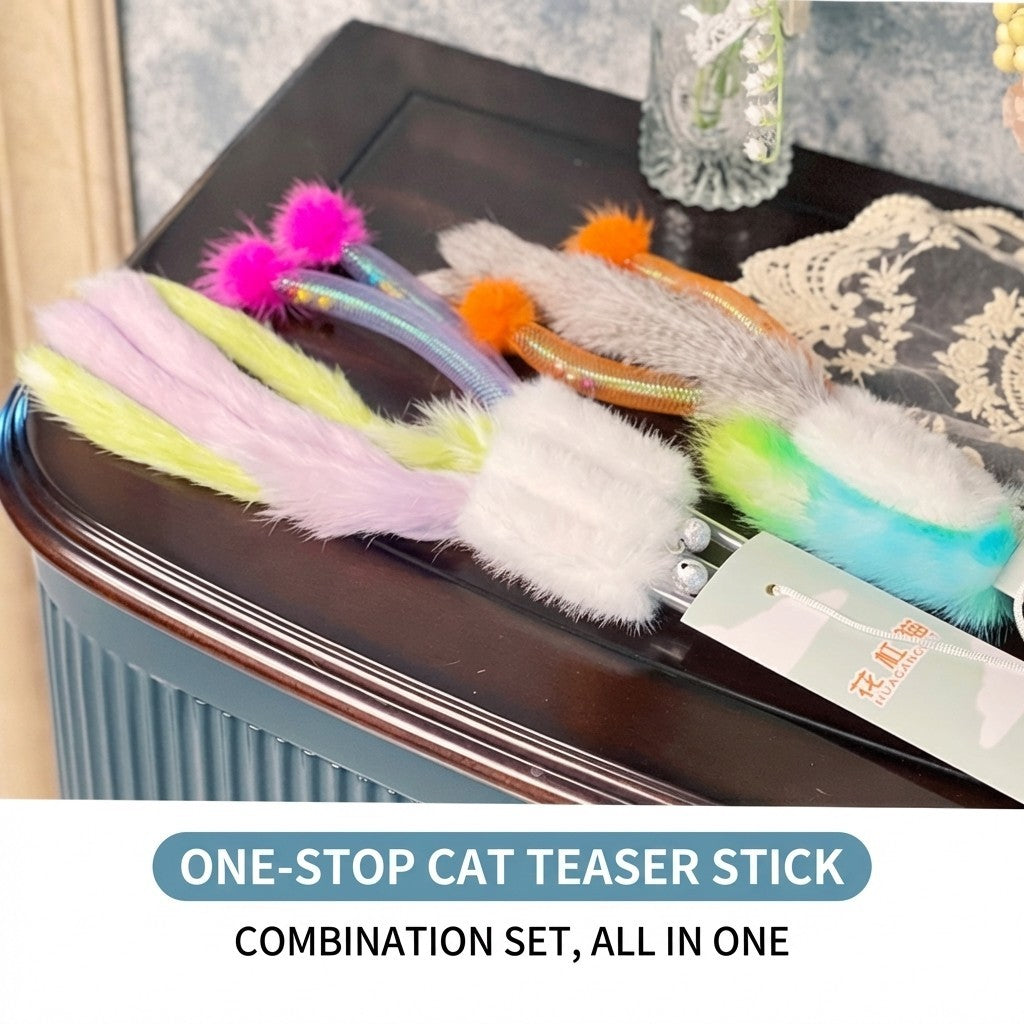 FUREVER365 HM-63 3pcs Cat Teaser Set - Real Mink Fur Ball Rainbow Plush Tail & Rabbit Ear Steel Wire Wands